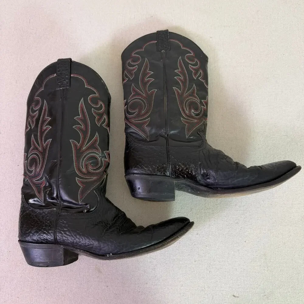 Vintage Diamond J By Justin Cowboy Boots Mens 10.5D Black Leather Red Stitch